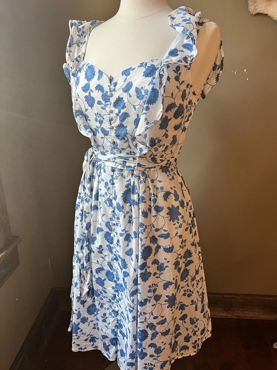 Gal Meets Glam Blue White Olivia Ruffle Floral Tie Waist Dress Size 10 Pockets
