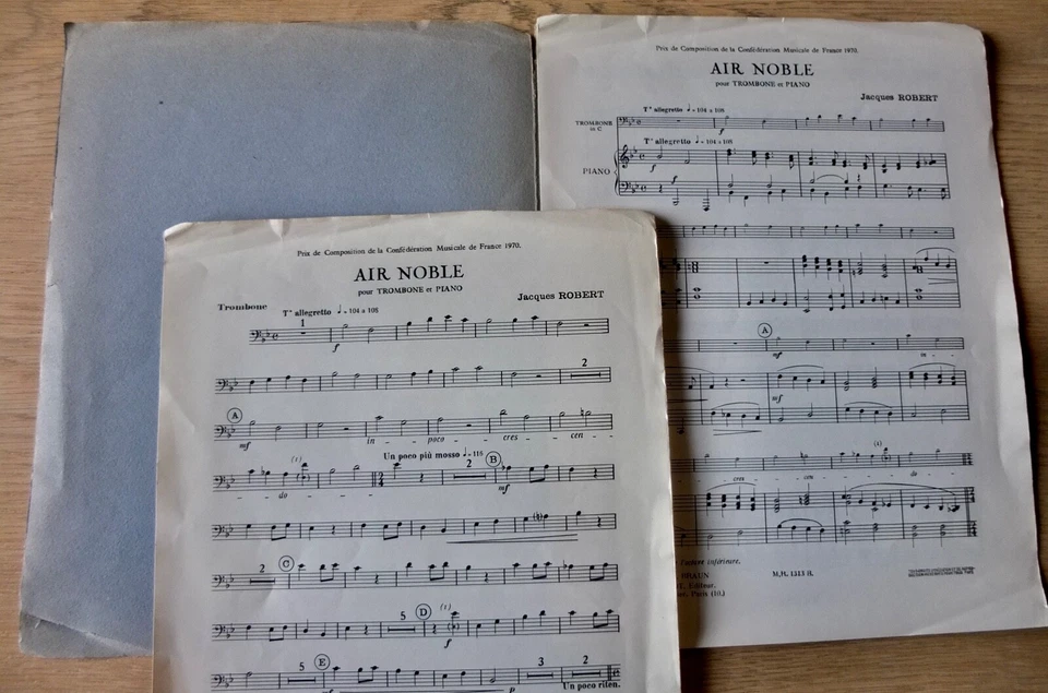 JACQUES ROBERT AIR NOBLE FOR TROMBONE BASS CLEF & PIANO SHEET MUSIC 1970 FRANCE - Image 2 of 3
