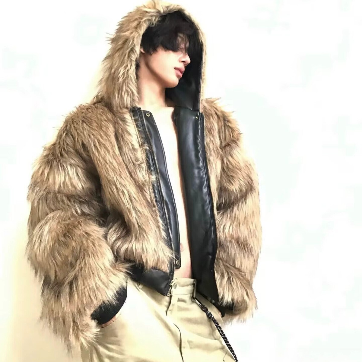 Winter Stylish Mens Hooded Faux Fox Fur PU Leather Short Coat