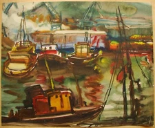 Ukrainian Soviet USSR watercolor Painting postimpressionism seascape port boat