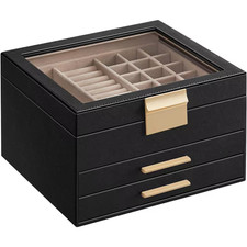 9,1 X 8 X 5,3 pulgadas Joyero MDF negro grafito con tapa de vidrio, organizador de 3 capas