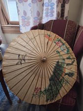 Vtg Hand Painted Peacock Bamboo Rice Paper Wood Umbrella Parasol