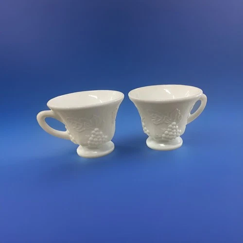 Set Of 2 VTG Federal Glass Milk Glass Coffee Cups W/Reaised Grapevine Pattern
