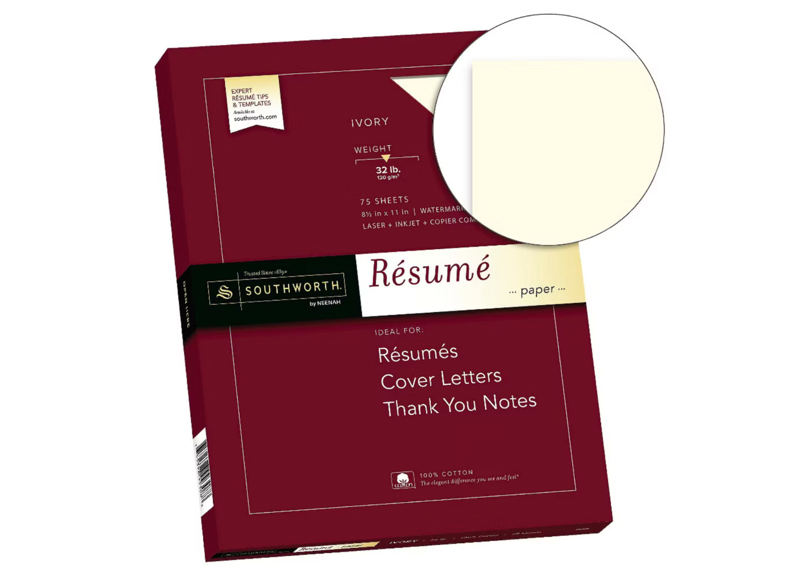 100% Cotton Southworth Ivory Resume Paper, 75 Sheets 8.5"x11" Watermarked 32 lb.