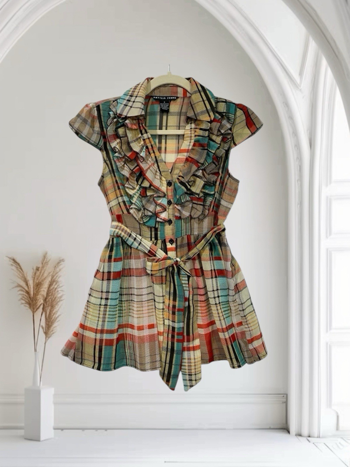 Antilia Femme Small Plaid Belted Ruffle Cap Sleeve Tunic Top