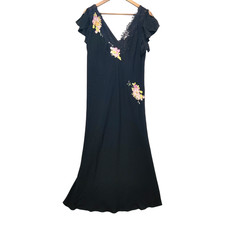 Oscar de la Renta Whimsigoth V-Neck Maxi Dress Women L Black Flowers Lace Detail