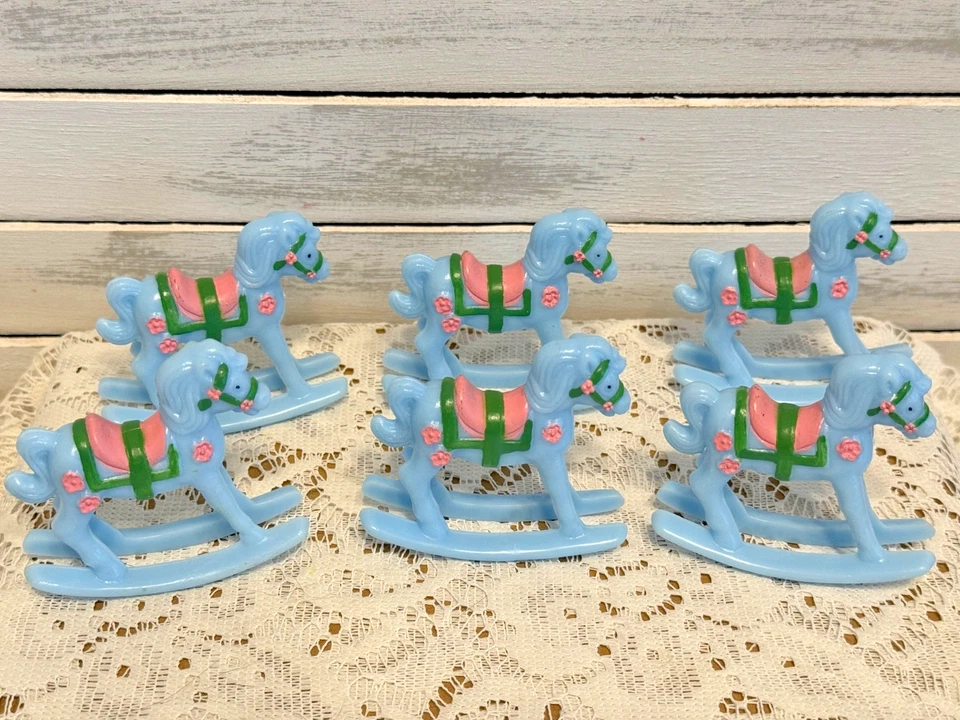 Juego de 6 Caballos Mecedores Vintage Baby Shower Pastel Topper Plástico Azul/Rosa Nuevo de Lote Antiguo Foto 3 de 4