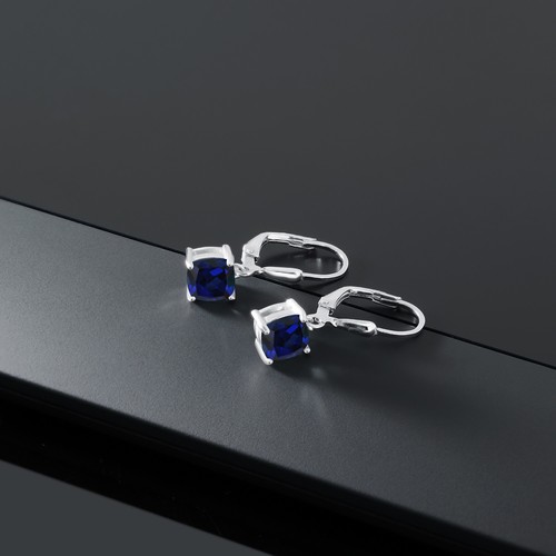 925 Sterling Silver Created Sapphire Dangle Earrings For Women (2.00 Cttw, - Picture 4 of 4