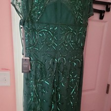 Adrianna Papell Green Beaded Sequin Mesh Formal Long Gown Dress Size 10