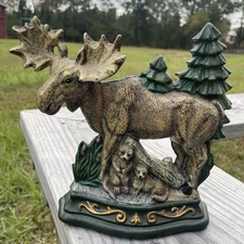 Vintage Cast Iron Doorstop Moose Otters Cabin Core Pine Trees Lake Woods Lodge