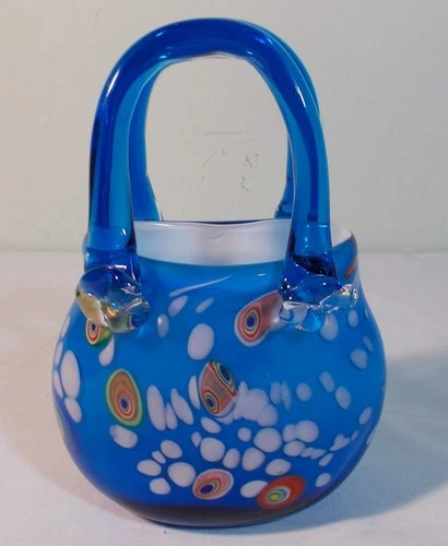 Vintage Art Glass Purse Basket Vase Blue with Applied Handles Murano Style 7"
