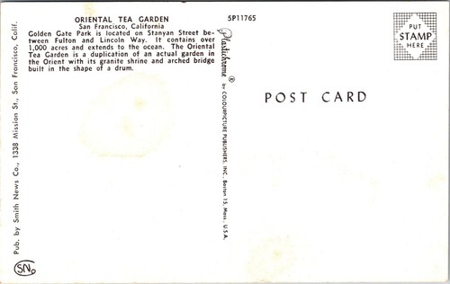 San Francisco, CA California Vintage Oriental Tea Garden Postcard Smith News Co. - Picture 2 of 2