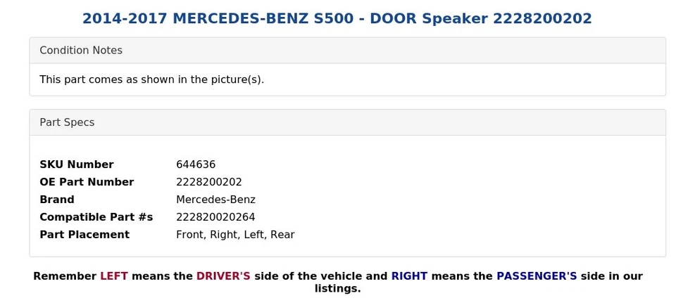 2014-2017 MERCEDES-BENZ S500 - DOOR Speaker 2228200202 - Image 4 of 4