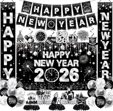 New Years Decorations 2026,Happy New Years Eve Party Supplies Black and Silver N