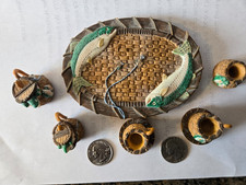 Tea Set - miniature, ceramic, vintage wicker look, baskets with fish