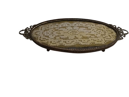 Vintage Victorian Glass Tray Vanity With Lace Cloth Inside Brass Frame 13.75x6. - Picture 6 of 7