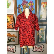 Vintage 1950s Ui-Maikai Hawaiian Shirt Red Cotton Nautical Print Fish Boat Tiki
