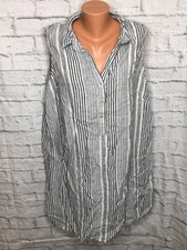 TAHARI 100% Linen Dress Women’s 2X Gray Stripe Collared Sleeveless Split Neck