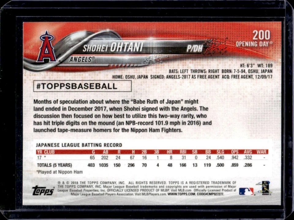2018 Topps Opening Day Shohei Ohtani RC Rookie #200 Angels - Image 2 of 2