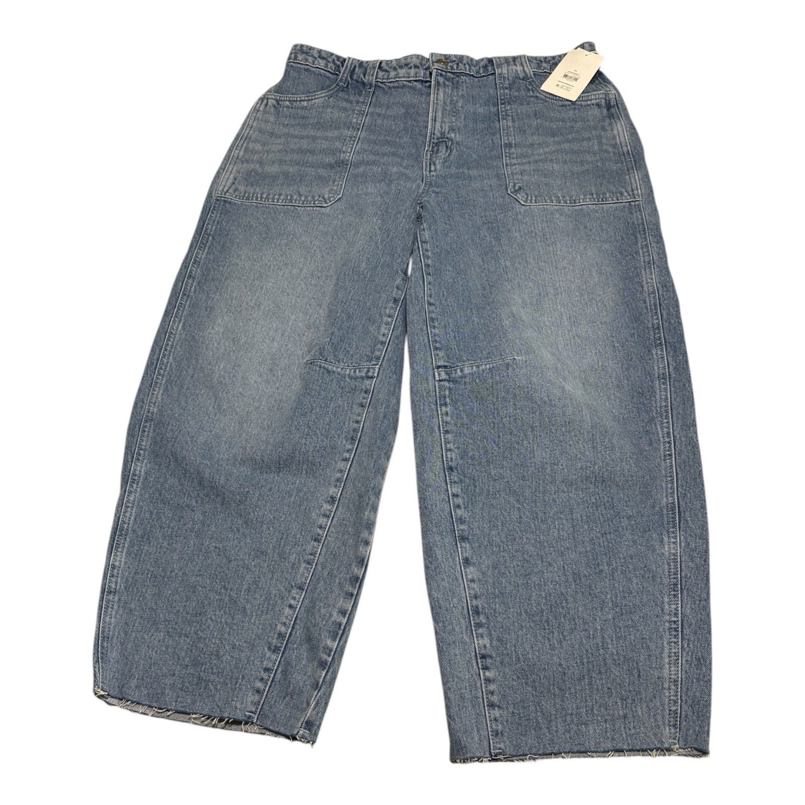 NWT Free Assembly Women’s Blue Denim Barrel Jeans Solid Pockets Regular Size 14