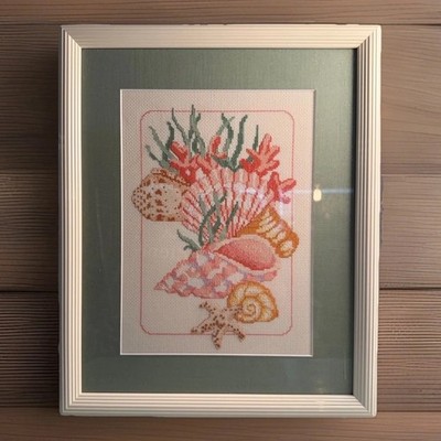 Vintage Cross-Stitch Pro-framed completed Embroidery Shell Coral  Sand and Sea''