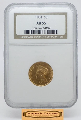 1854 Indian Princess Head Gold $3, NGC AU 55 - #SO54938