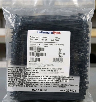 HellermannTyton T30LL0M4 Cable Ties 11.4'' 30lb Black 111-03511 PA66 - 1000 Pack