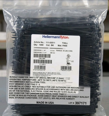 #ad HellermannTyton T30LL0M4 Cable Ties 11.4quot; 30lb Black 111 03511 PA66 1000 Pack $29.95