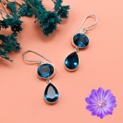 London Blue Topaz Gemstone Dangle Earring 925 Sterling Silver Handmade Jewelry