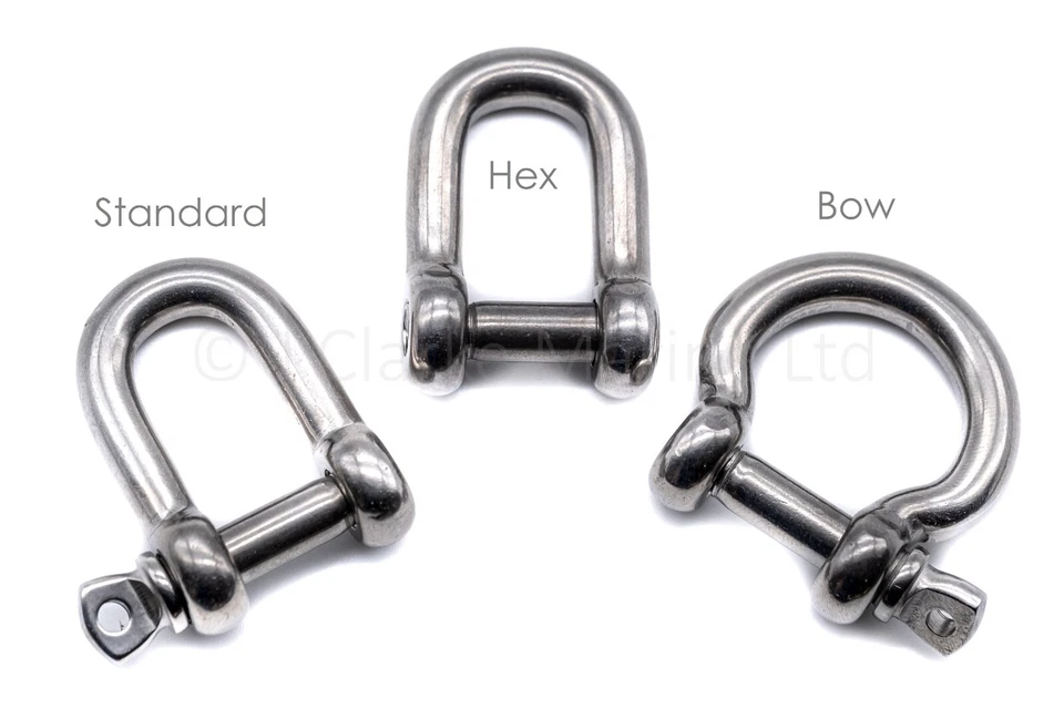 J CLARKE MARINE A4 Stainless steel shackle bow hex dee d 316 marine grade 4mm 5mm 6mm 8mm 10mm