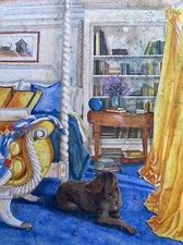 VINTAGE PAINTING INTERIOR DOG ROOM WITH BOOKS BEDROOM ILLUSTRATION MYSTERY ART