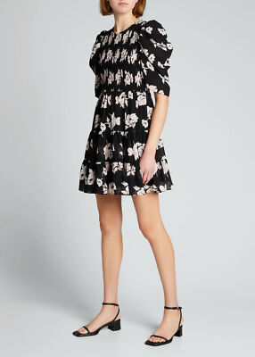 Cinq A Sept Hollis Floral Smocked Bodice Tiered Dress in Black sz 2