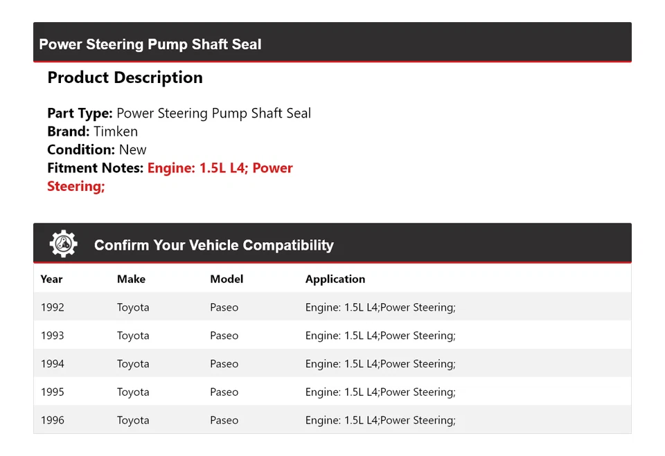 Уплотнение вала насоса гидроусилителя руля для Toyota Paseo 1,5 л L4 1992-1996 годов выпуска Timken 1993 - Изображение 2 из 4