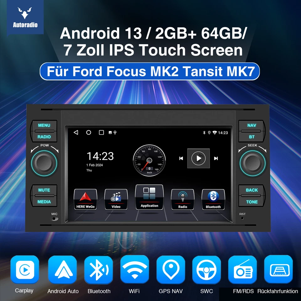 DAB+ 2+64G Android 14 Autoradio Carplay NAVI +KAM Für Ford Focus C S Max Transit - Bild 2 von 4