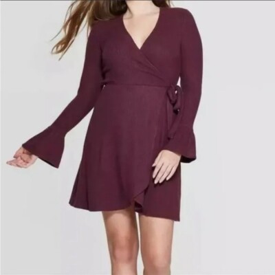 Xhilaration Long Sleeve Sweater Knit Faux Wrap Dress, Burgundy, Size XS,  EUC | eBay