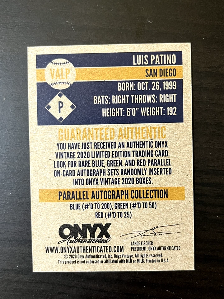 Luis Patino 2020 Onyx Vintage Autograph #VALP Auto Signature San Diego Padres - Image 2 of 2