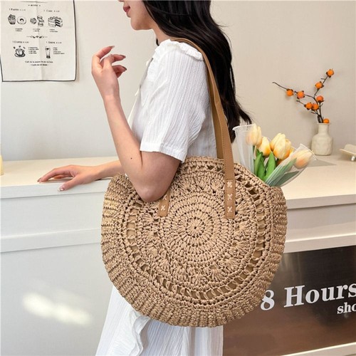 Round Straw Tote Bag Handmade Woven Shoulder Bag New Straw Weave Bag Vacation. - Picture 5 of 14