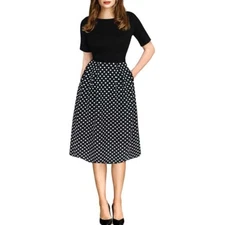 Women's Vintage Patchwork Pockets Puffy Swing Casual Party Dress OX165 Black NWT