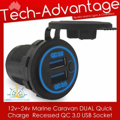 12v/24v Boat Caravan Motorhome QC3.0 Quick Charge Dual USB Backlit Blue LED