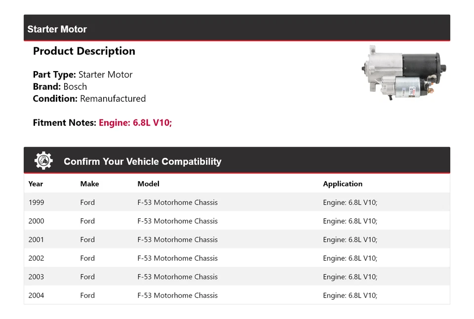 Chasis de arranque Bosch 6,8 L para autocaravana Ford F-53 1999-2004 (remanufacturado) Foto 2 de 4