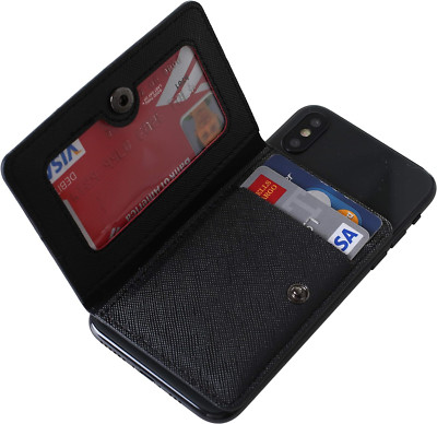 Cheapsunday ID Card Holder for Back of Phone Leather Phone Wallet Stick on Black
