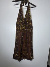 90?s Y2K Sz 14W Black Velvet Burnout Silk Gold Brown Orange Flower Plunge Halter