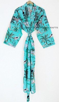 Women 100% Cotton Animal Print Mint Green Lingerie Night Gown Sleepwear Kimono