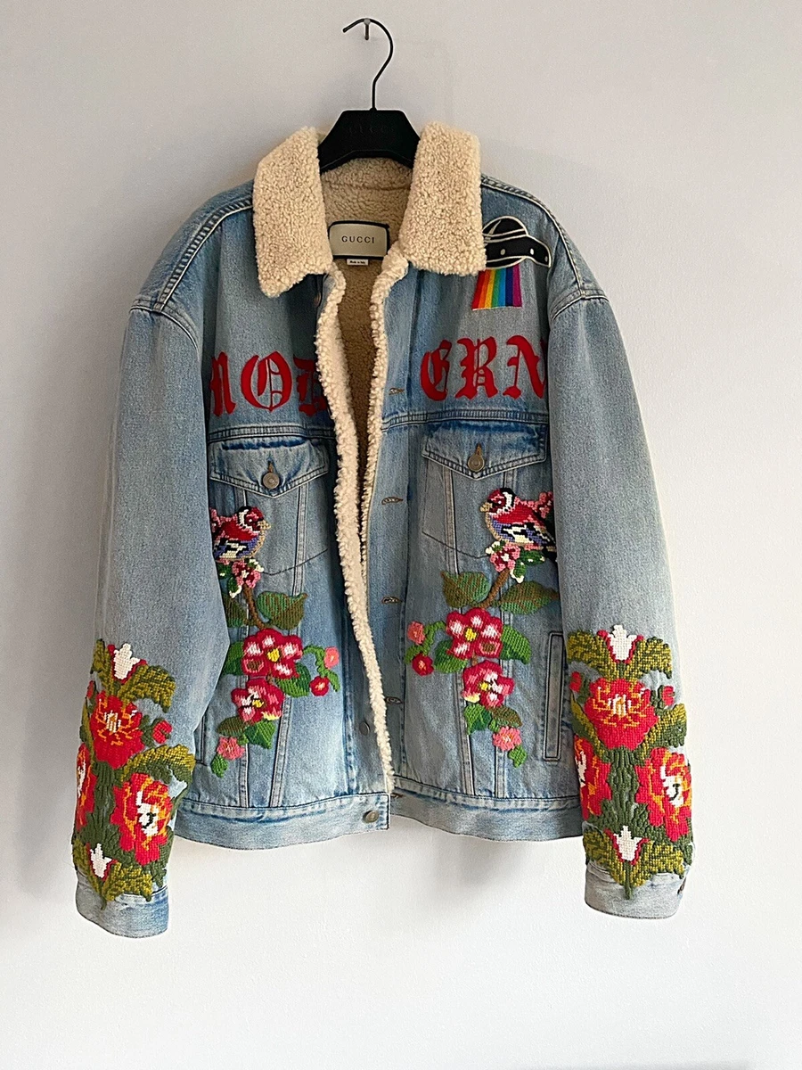 Mens Shearling Lined Denim With Embroidery &amp; Patches | eBay