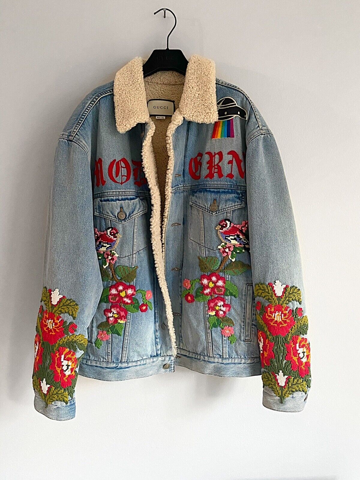 Mens GUCCI Shearling Lined Denim Jacket With Embroidery & Patches