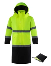 Men's Hi-Vis Long Safety Raincoat Reflective Waterproof Rain Coat Hooded S-2XL
