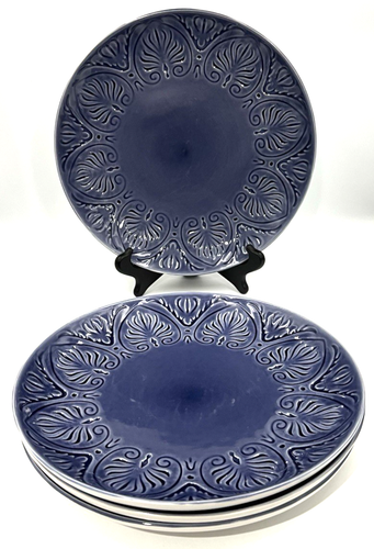 4 Pfaltzgraff Carmela Cobalt Blue Stoneware Dinner Plate 11" Embossed Fan Design