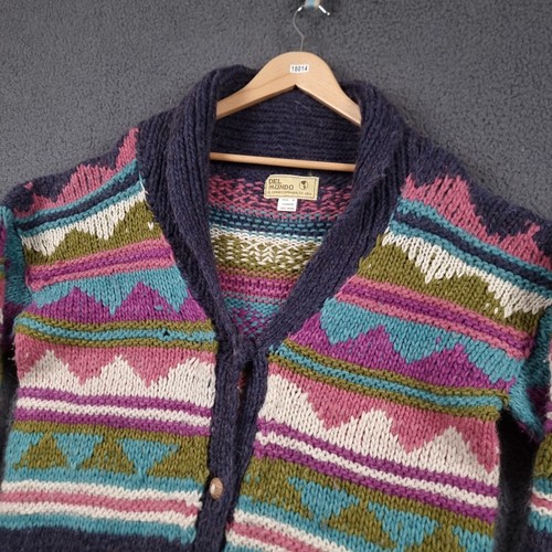 Vintage DEL MUNDO Cardigan Jumper Womens XL Oversized Ecuador Nepal Wool Chunky - Picture 2 of 15