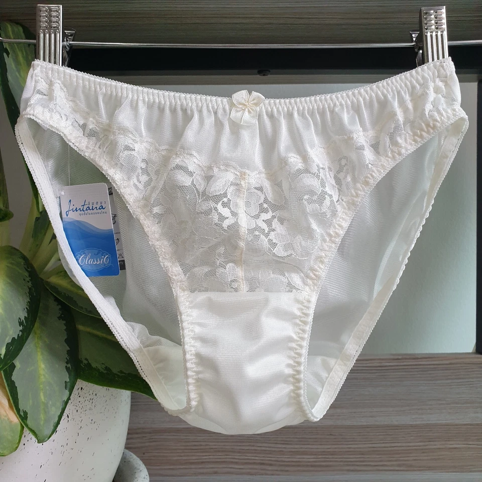 Culotte vintage polyester soyeux blanc dentelle bikini sissy slip taille 6 ha... - Photo 3/4
