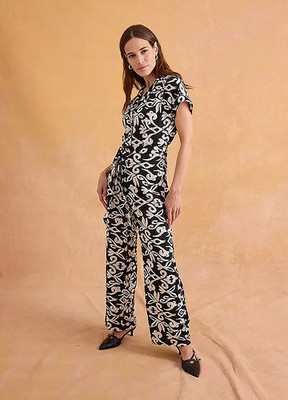 FREEMANS Jumpsuit Schwarz Creme Damastmuster Plus Size UK 18 V-Ausschnitt